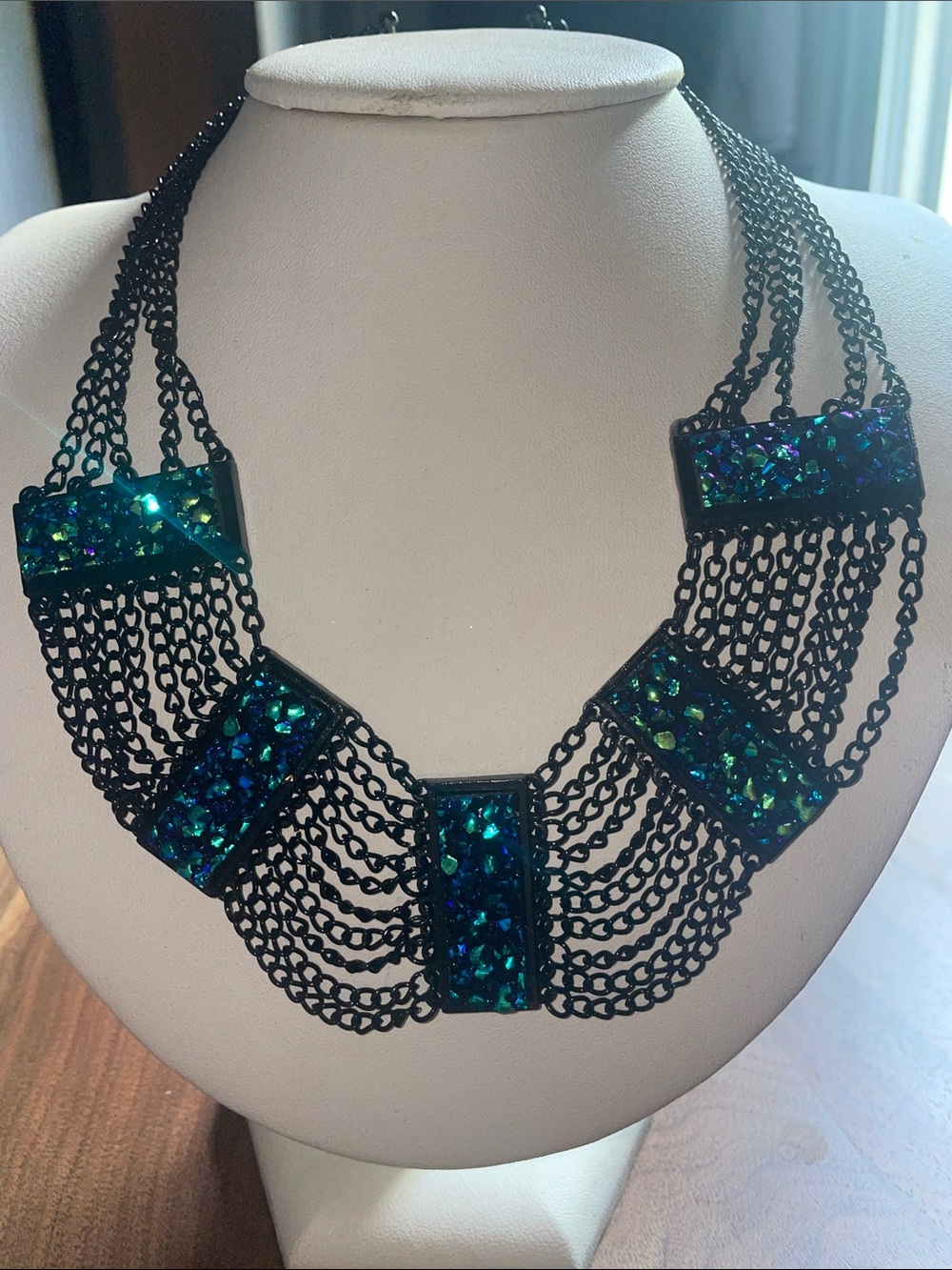 Material Girl Black Multi-Strand Necklace with Blue-Green Sparkle Panels